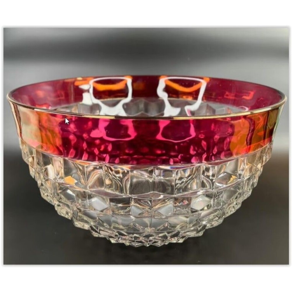 Vintage Indiana Whitehall Red RUBY FLASH Punch Bowl Cubed Pattern Glass